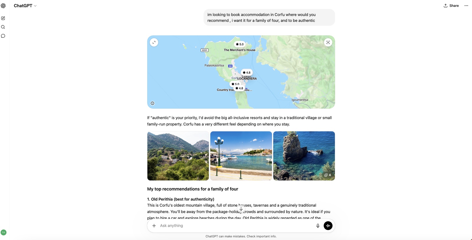 A traveller asking ChatGPT to recommend authentic family accommodation in Corfu, with ChatGPT returning a map of rated stays, destination photos and ranked recommendations