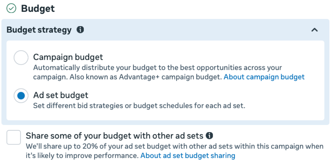 Meta campaign budget strategy with Ad set budget (ABO) selected instead of Campaign budget