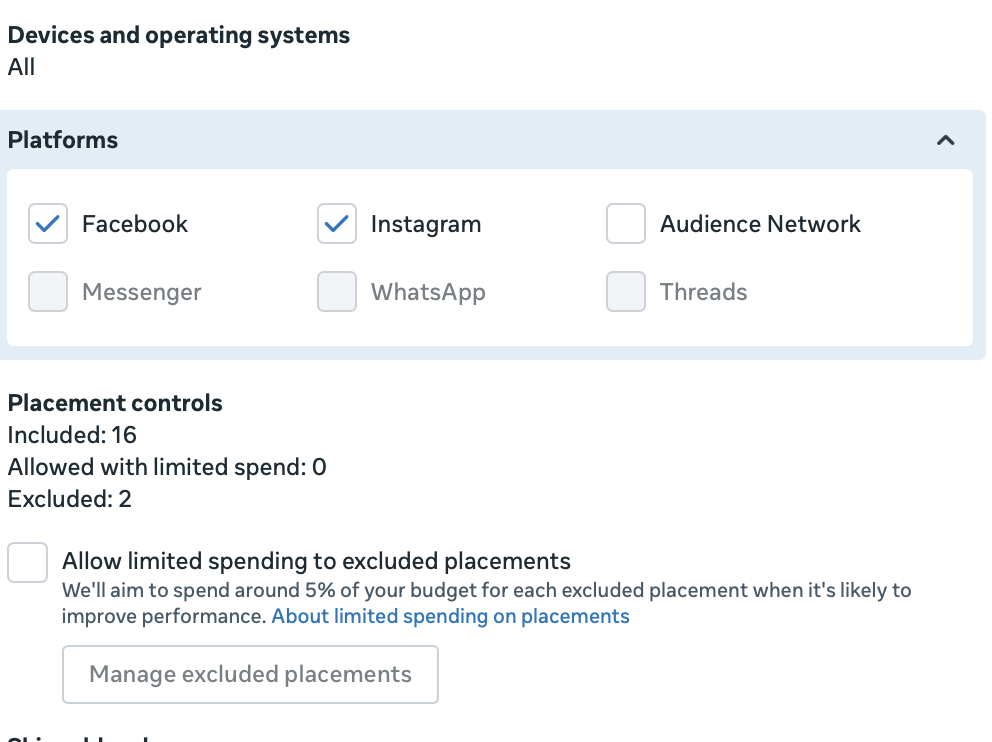 Meta ad set placements with only Facebook and Instagram platforms selected and Audience Network, Messenger, WhatsApp and Threads unticked