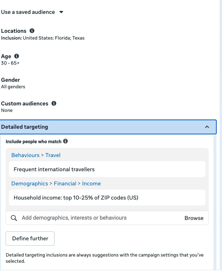 Meta ads detailed targeting for travel brands showing frequent international travellers and top 10 to 25 percent household income