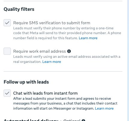 Meta lead form quality filters with Require SMS verification and Chat with leads from instant form ticked