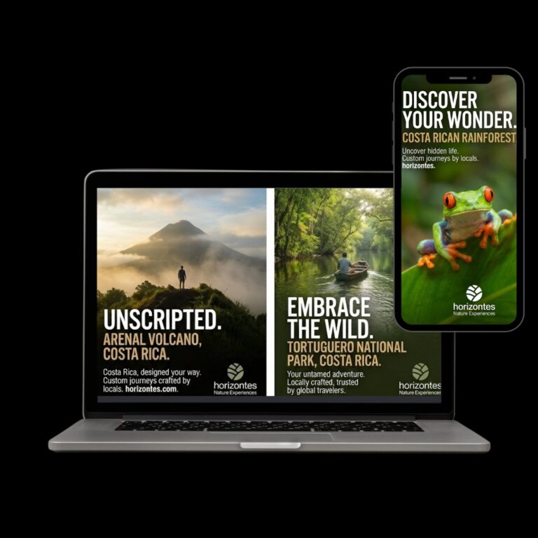 Travel Meta ad creative examples with bold scroll-stopping hooks over destination imagery for Horizontes Nature Experiences