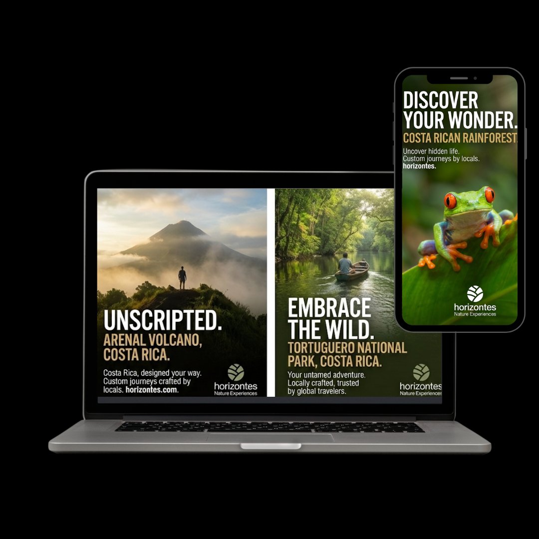 Travel Meta ad creative examples with bold scroll-stopping hooks over destination imagery for Horizontes Nature Experiences