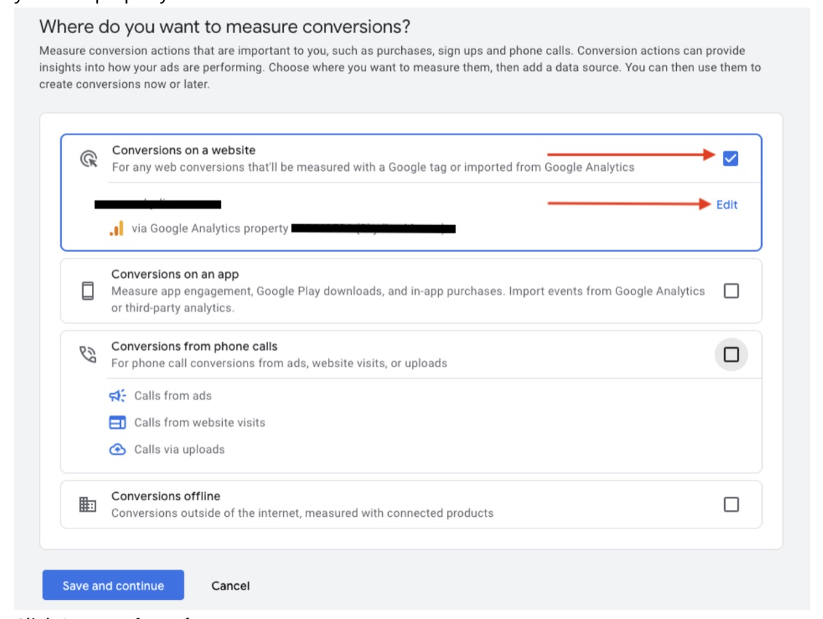 Google Ads setup asking where to measure conversions, with Conversions on a website selected via a Google Analytics property