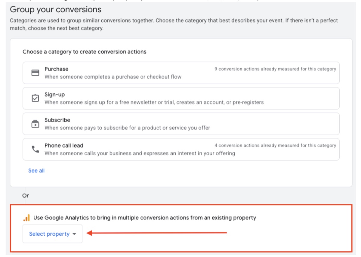 Google Ads option to use Google Analytics to bring in conversion actions from an existing property