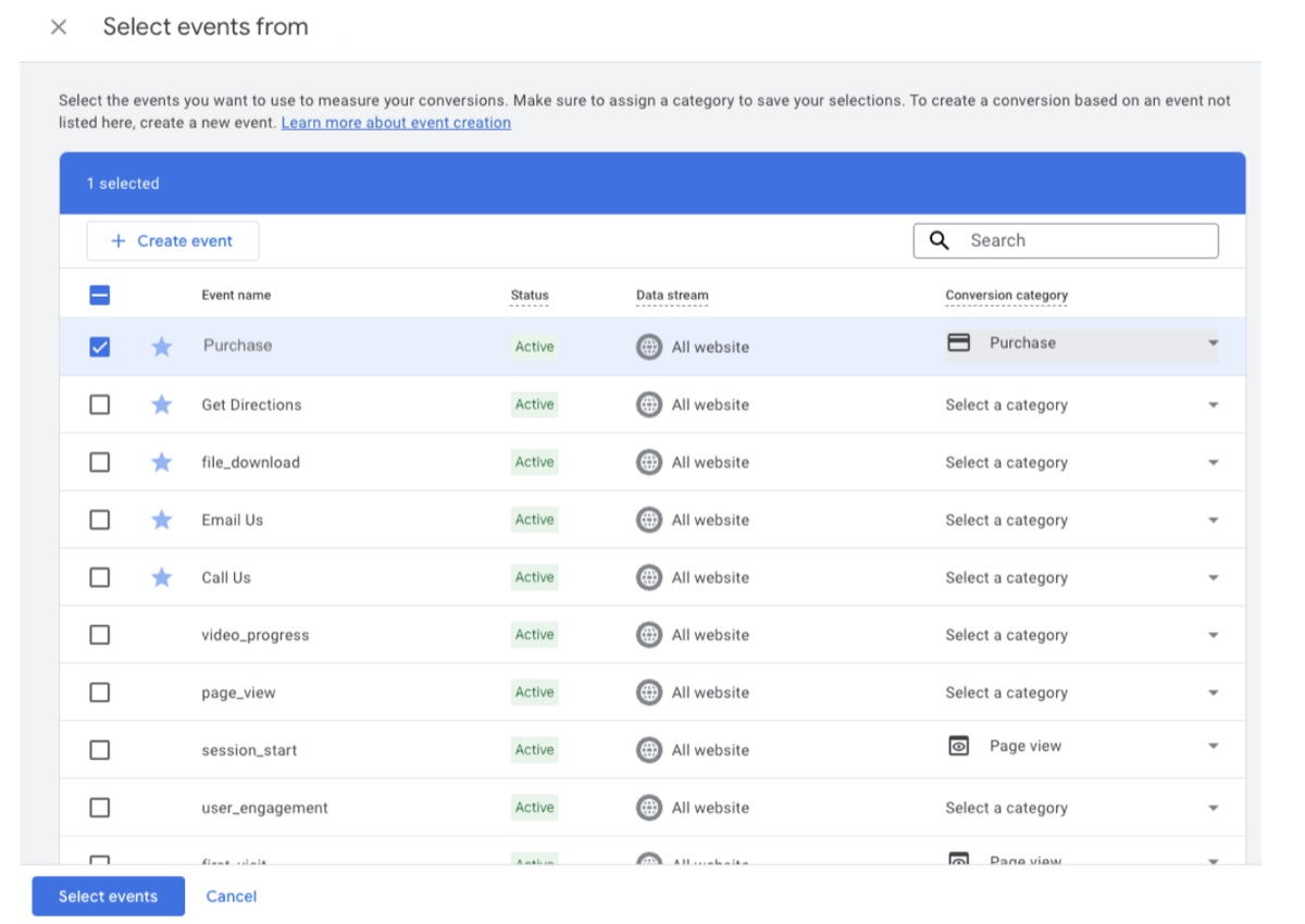 Google Ads event picker with the GA4 Purchase event selected and categorised as Purchase