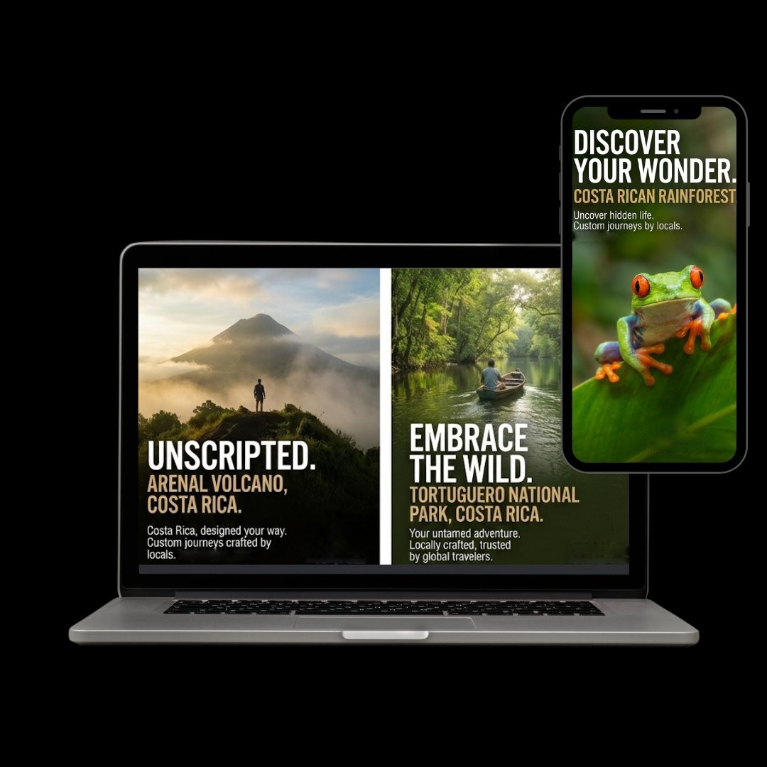 Travel Meta ad creative examples with bold scroll-stopping hooks over destination imagery